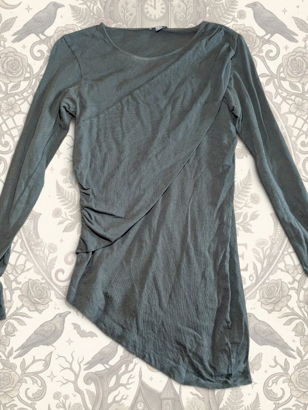 Lagenlook 100% Pima Cotton Asymmetrical Ruched Drape Top LillaP Charcoal Green S